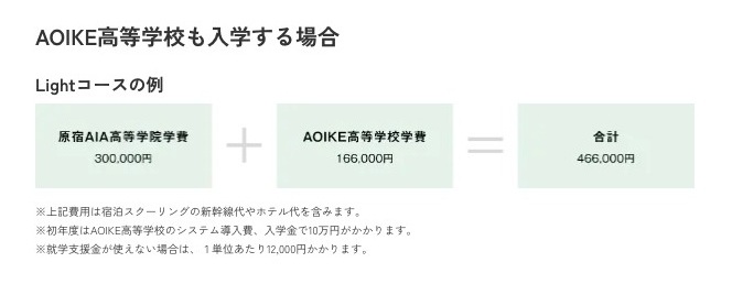 Lightコースの原宿AIA費300000円とAOIKE高等学校費166000円を合計466000円とする公式例