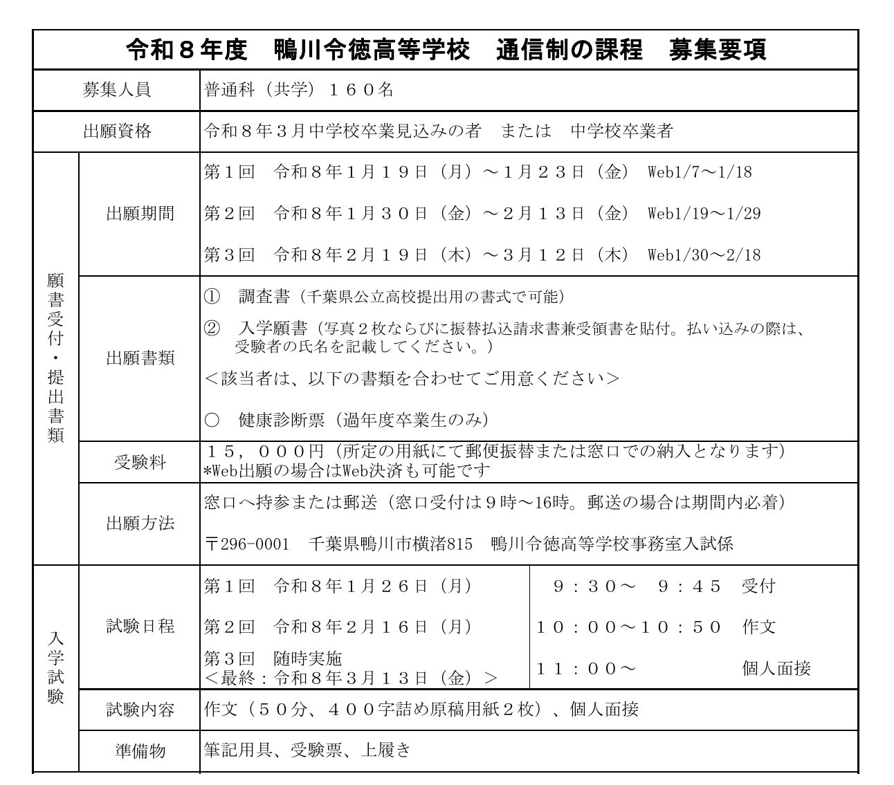 鴨川令徳高等学校2026年度通信制募集要項に掲載された募集人員・出願期間・試験日程