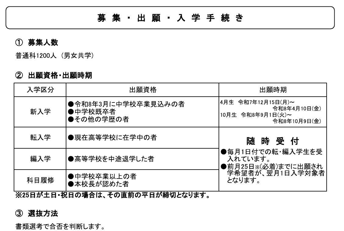 鹿島山北高等学校令和8年度の募集人数・出願資格・出願期間・選抜方法