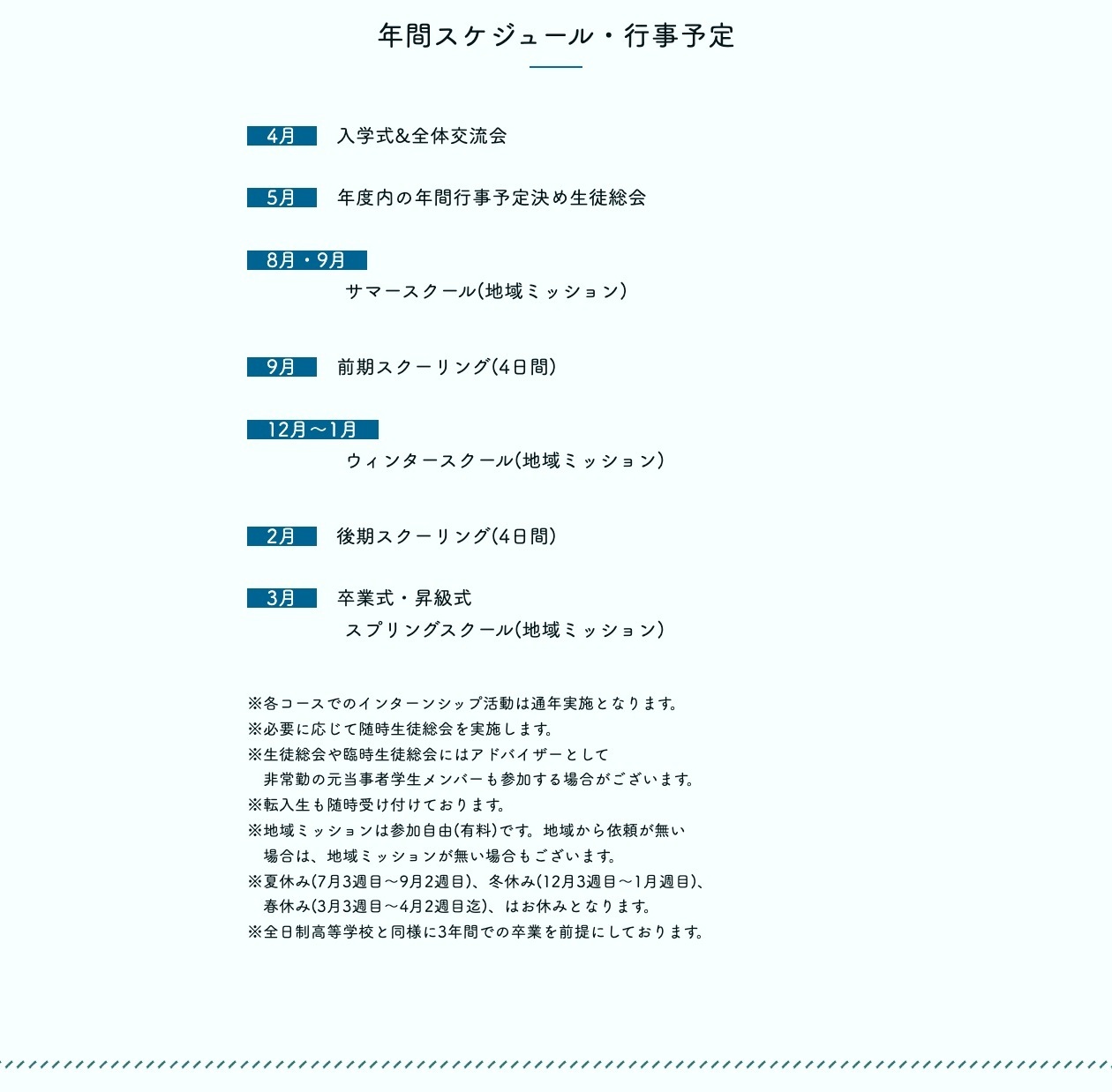 9月の前期4日間と2月の後期4日間のスクーリングを示す希空高等学院の年間予定