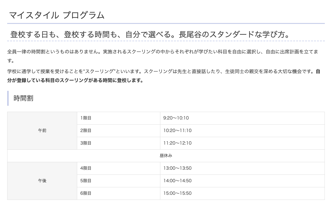 京都長尾谷高等学校のマイスタイルプログラムと時間割