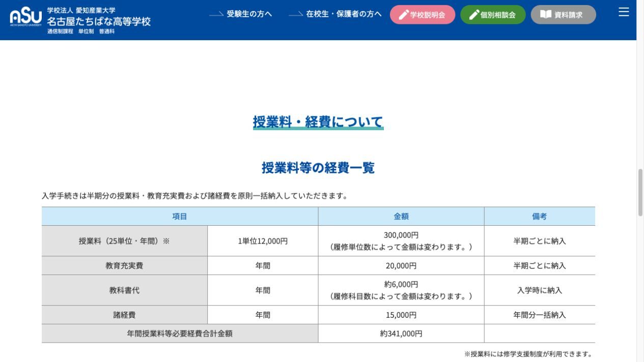 名古屋たちばな高等学校の2026年度授業料と諸経費