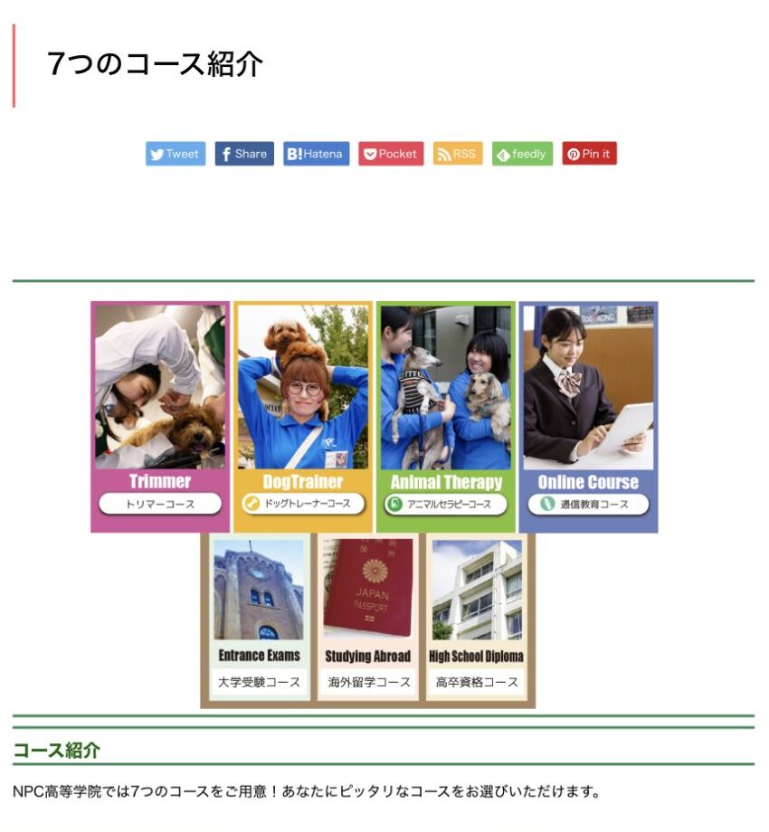 NPC高等学院のペットトリマー、ドッグトレーナー、アニマルセラピー、通信教育、大学受験、海外留学、高卒資格の7コース