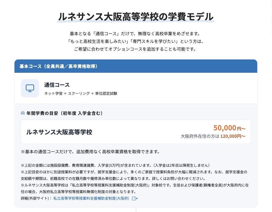 ルネサンス大阪高等学校の大阪府内外の年間学費目安