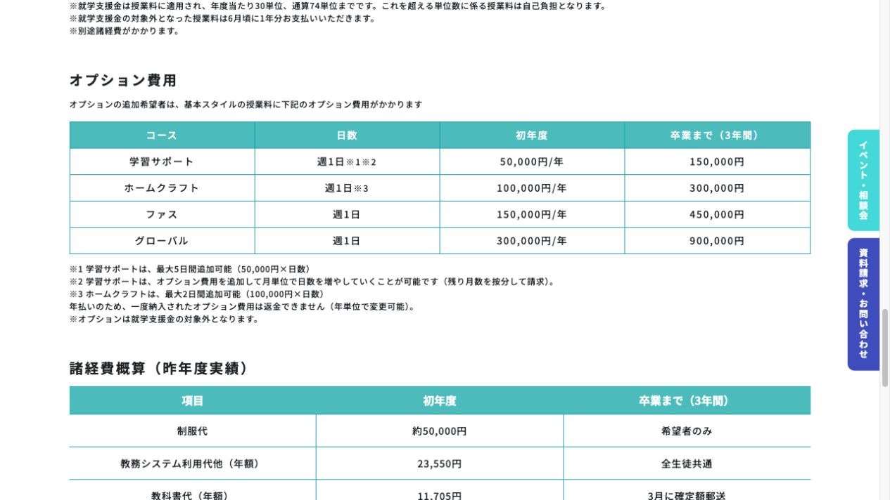 札幌静修高等学校通信制課程の4種のオプション費用