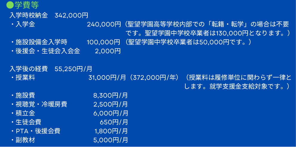 聖望学園高等学校通信制課程の2023年度開校時の入学金・授業料・施設費など