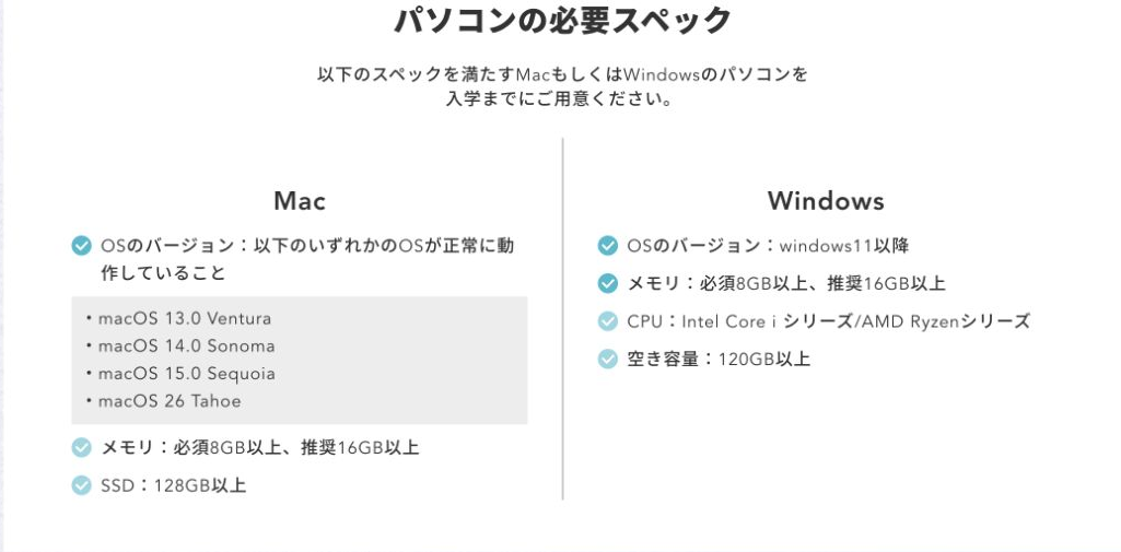 テックキャンプ高等学院が公式に示すMacとWindowsの必要スペック