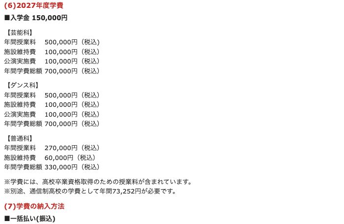 東京芸能学園 高等部公式サイトに掲載された2027年度の入学金・各学科の年間学費・通信制高校費