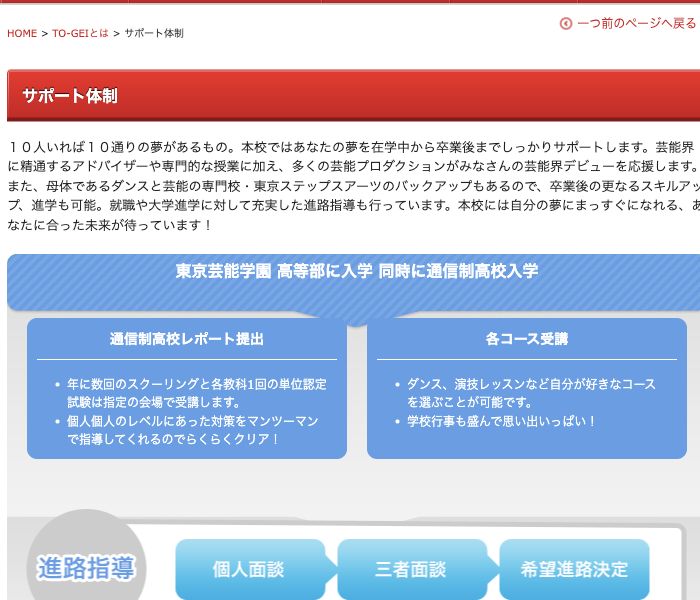 東京芸能学園 高等部公式サイトに掲載された通信制高校レポート・専門コース・進路指導の流れ