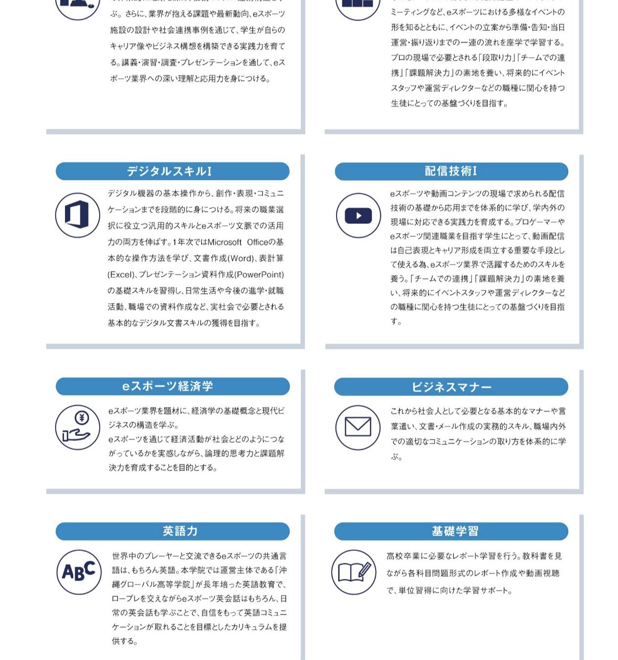 デジタルスキル、配信技術、eスポーツ経済学、英語、基礎学習を示す公式カリキュラム画面