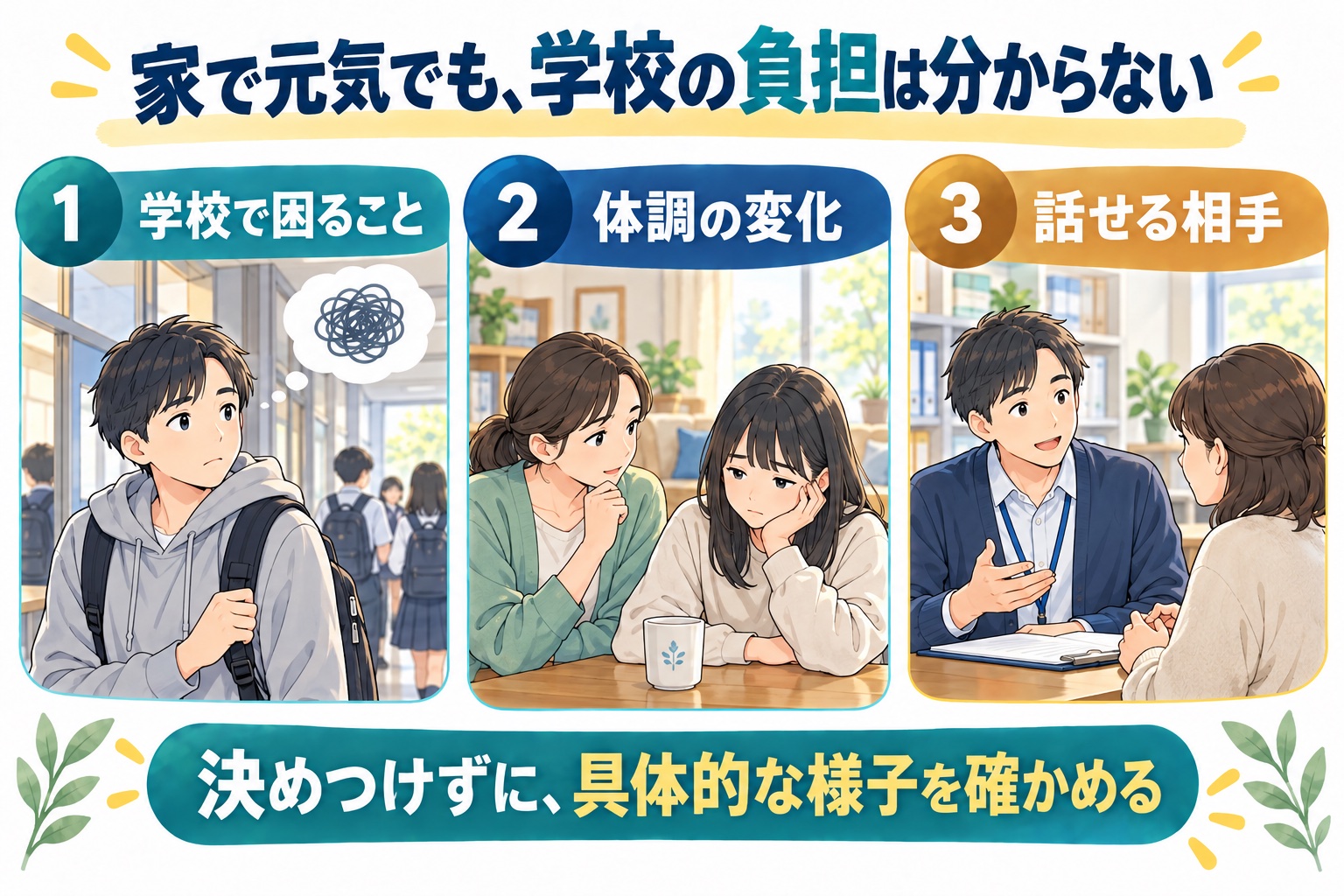 家で元気でも学校での負担は分からない。学校で困っていること、体調、話せる相手を確かめる
