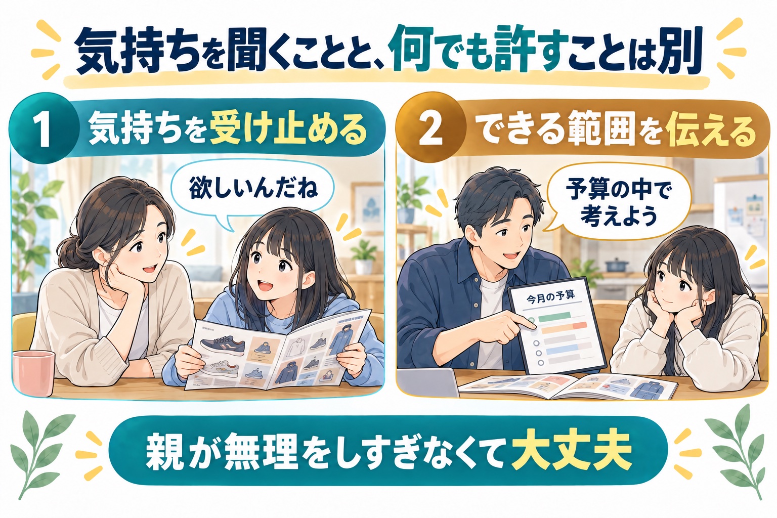 気持ちは受け止めながら、買い物の予算や親が対応できる時間を具体的に伝えてよい