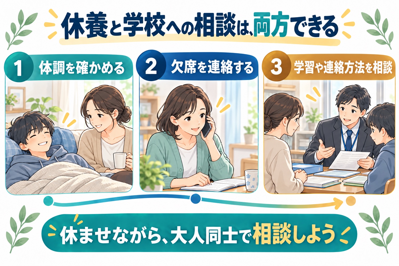 学校を休む日は体調を確かめて欠席を連絡し、学校との連絡方法や学習の受け取り方を相談する