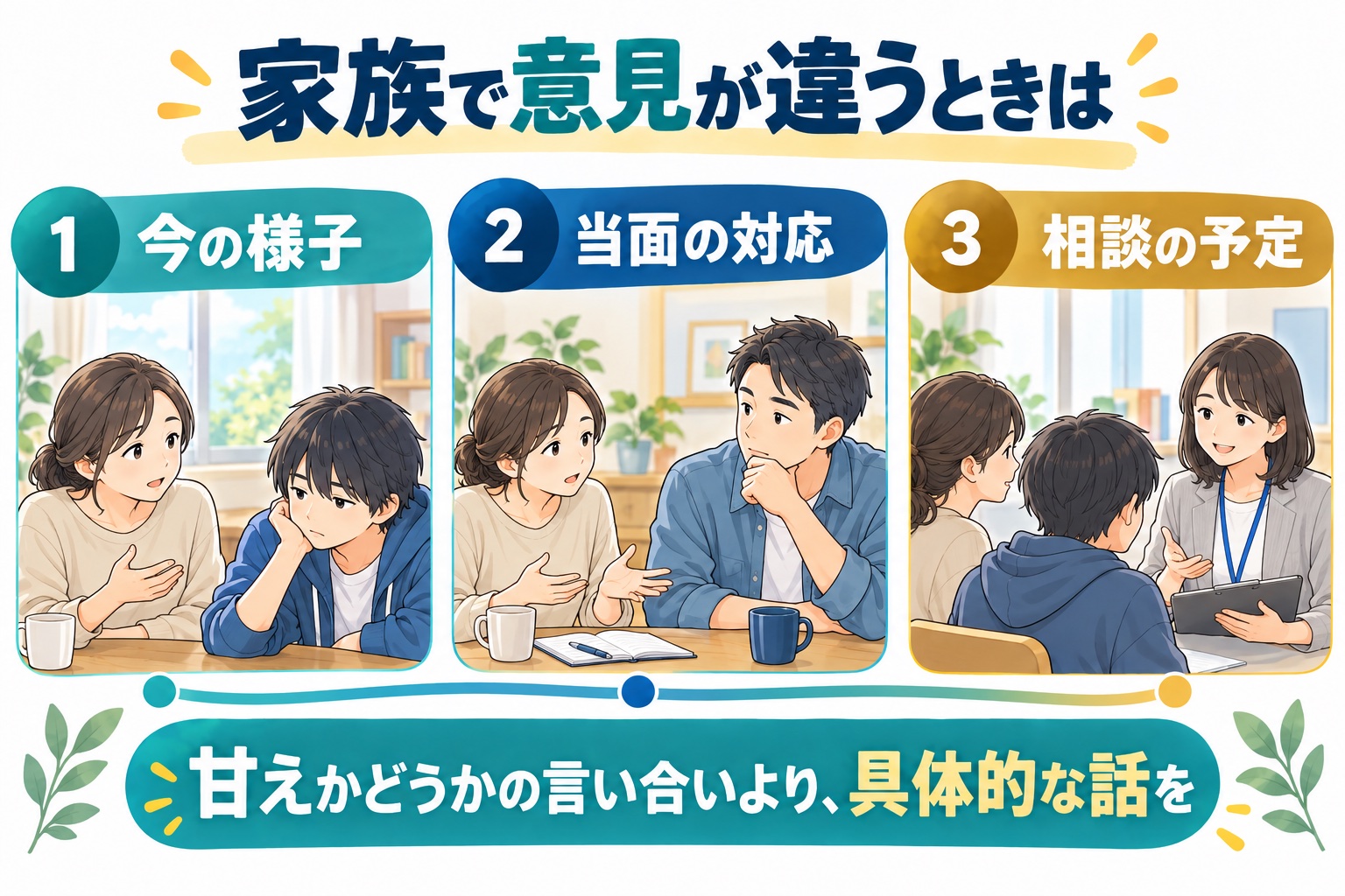 家族で意見が違うときは、子どもの具体的な様子、当面の対応、相談先を共有する
