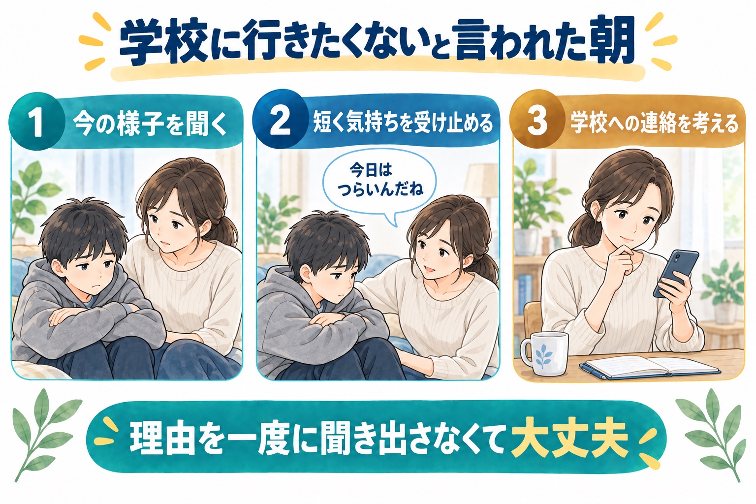 学校に行きたくないと言われた朝に、様子を聞き、気持ちを受け止め、連絡を考える図解
