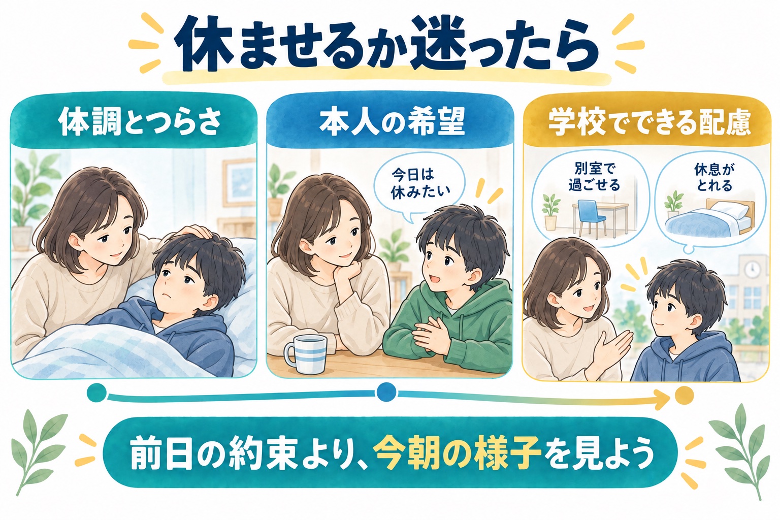 休ませる判断では体調、本人の希望、学校でできる配慮を確認する図解