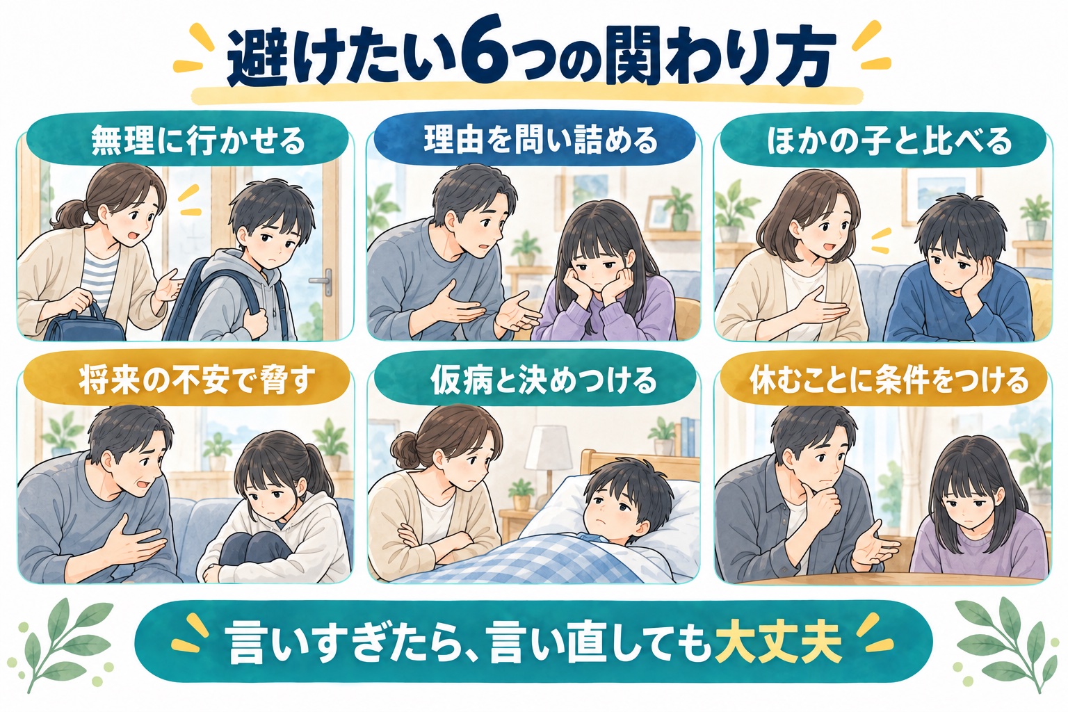 無理強い、問い詰め、比較など避けたい6つの関わり方の図解