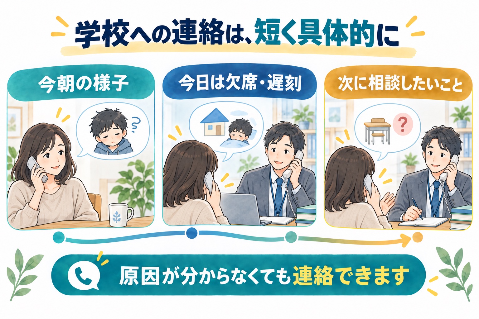 学校へは今朝の様子、欠席や遅刻、次の相談を伝える図解