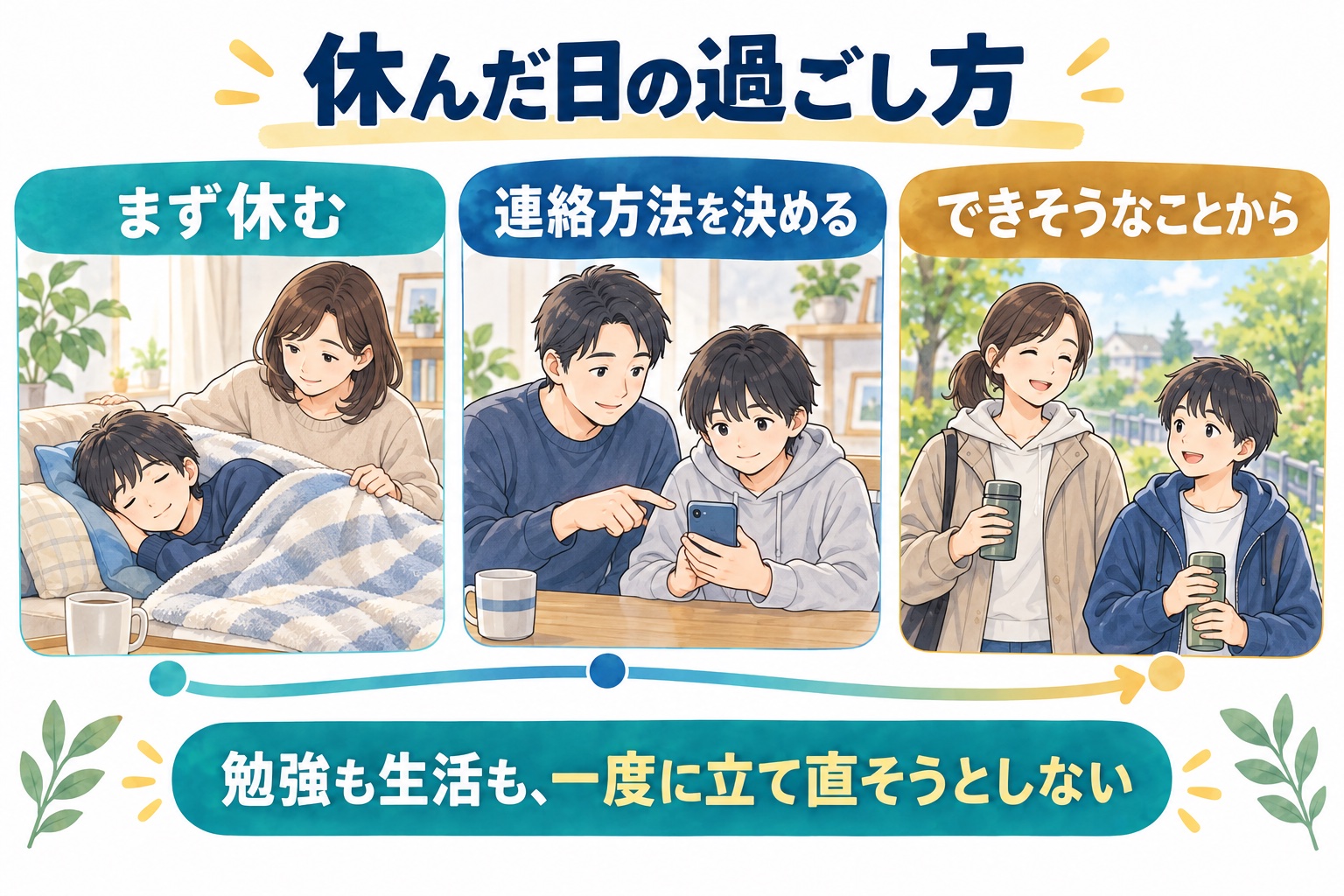 休んだ日は休息、家族との連絡、できそうなことから考える図解