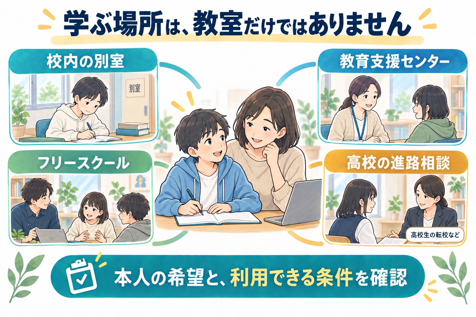 校内の別室、教育支援センター、フリースクール、高校の進路相談を示す図解