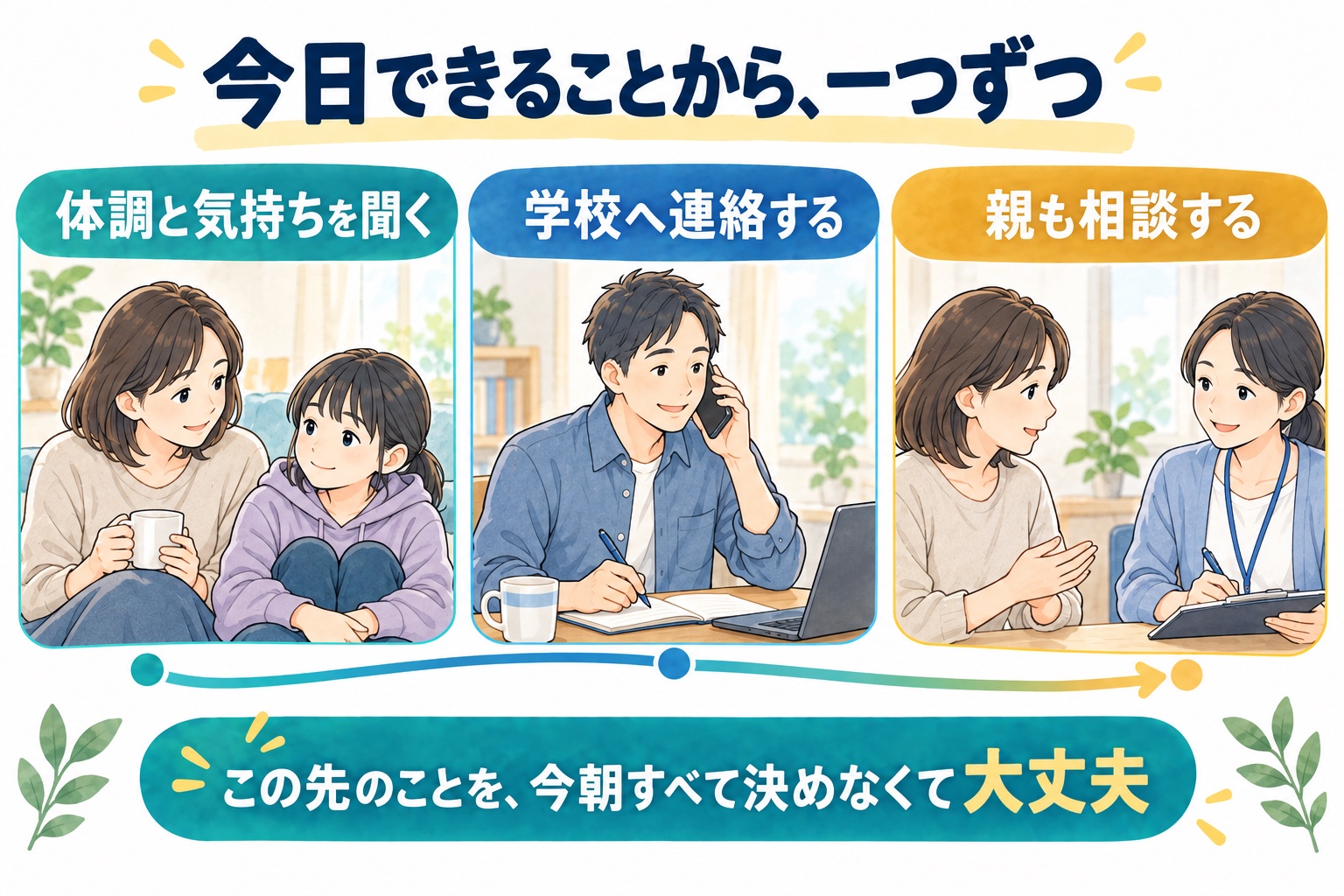 体調と気持ちを聞き、学校へ連絡し、親も相談する今日の一歩の図解