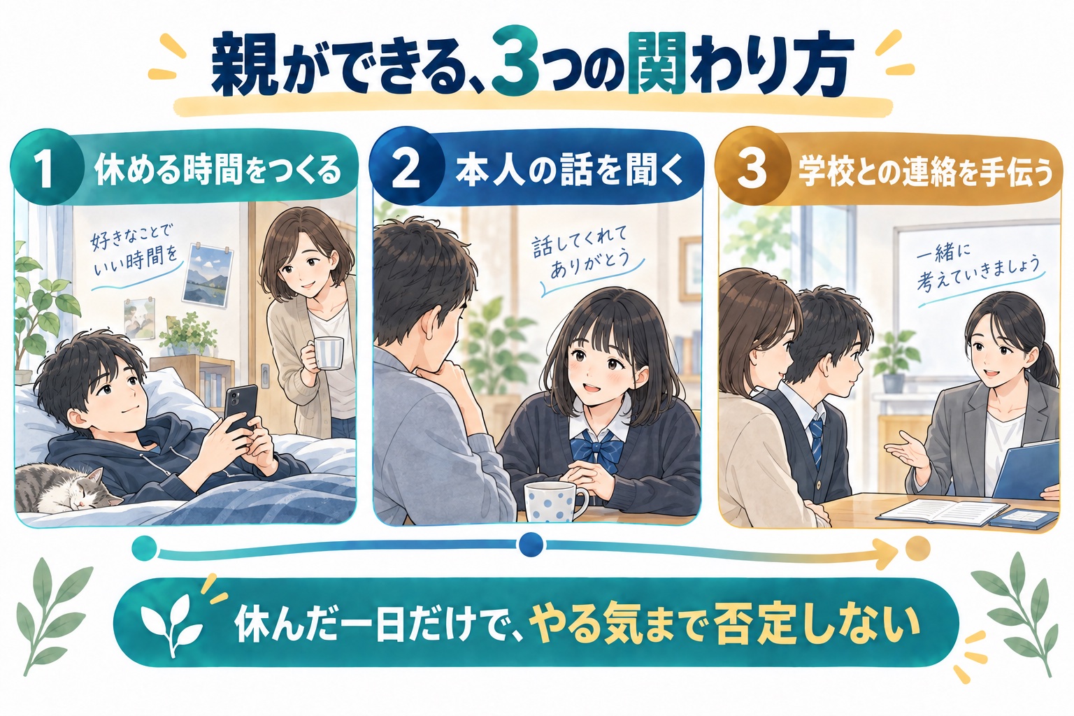 親ができる対応として、休息を支える、話を聞く、学校との連絡を手伝う図解