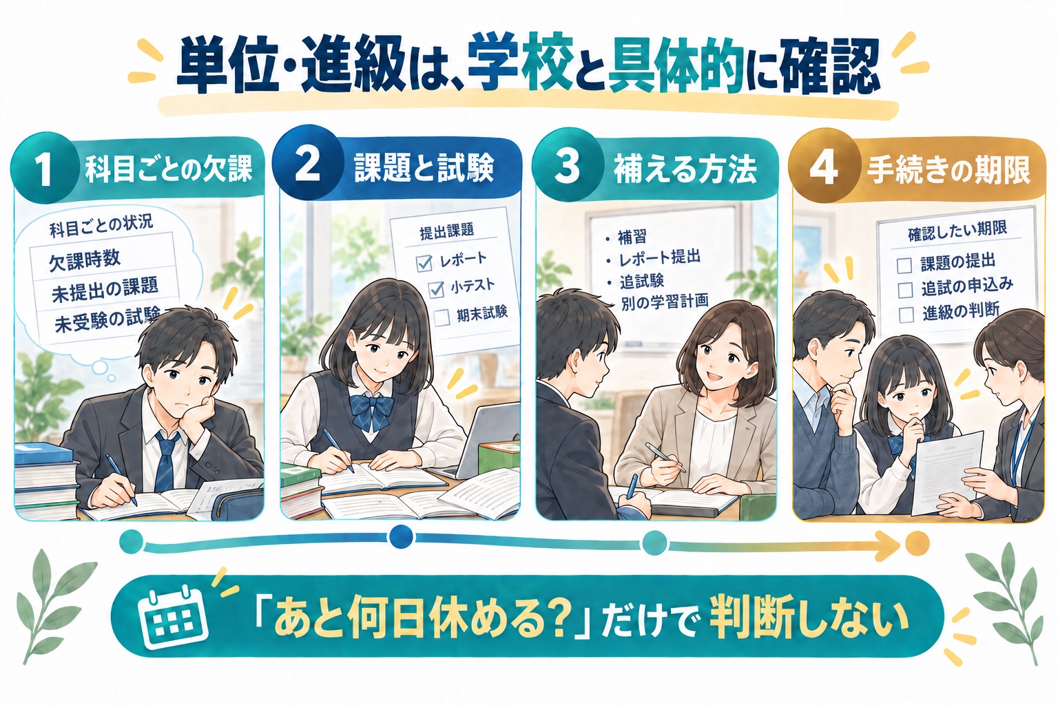 単位と進級について、科目別の欠課、課題と試験、補える方法、期限を学校に確認する図解