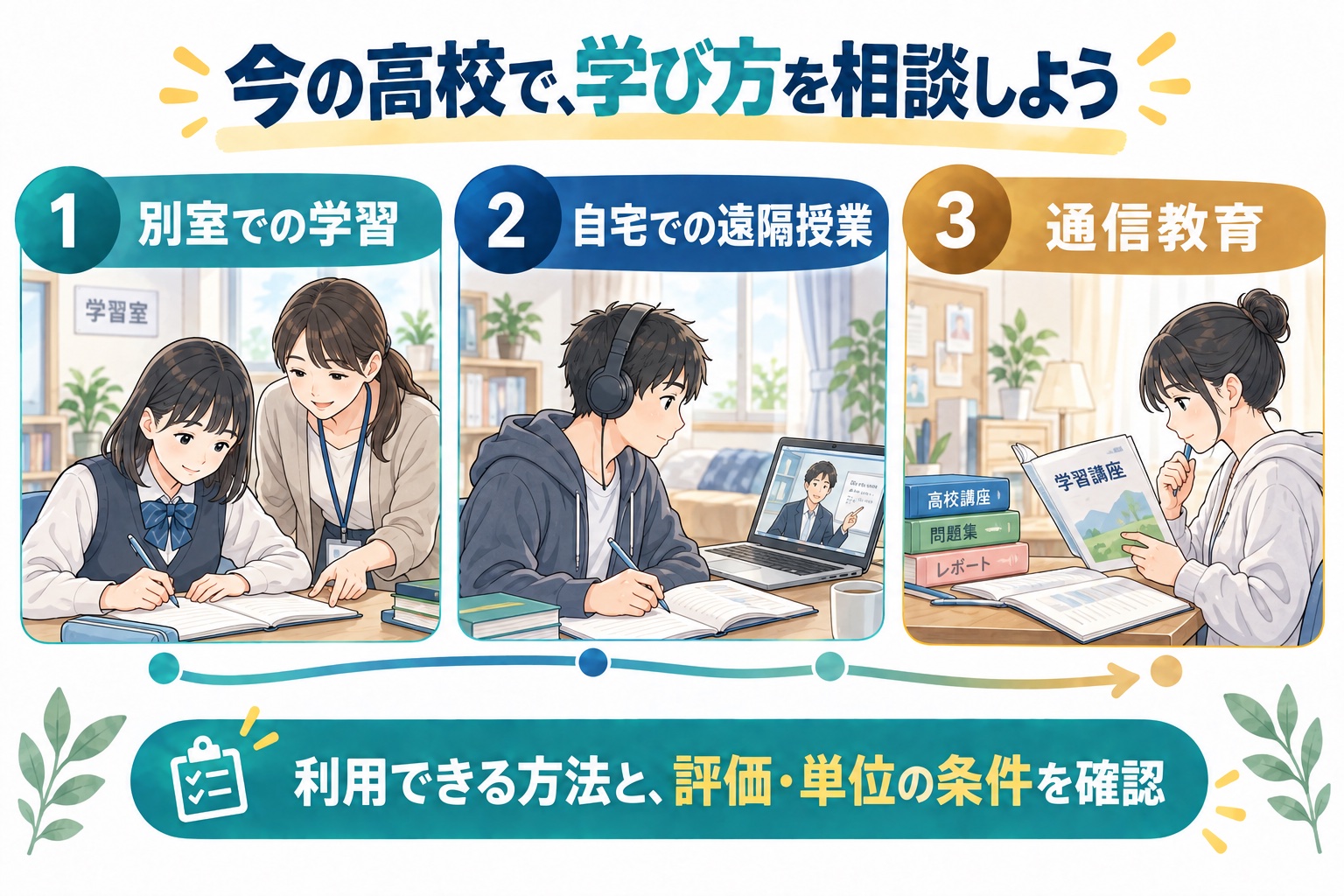 今の高校で別室、遠隔授業、通信教育を利用できるかと評価方法を相談する図解