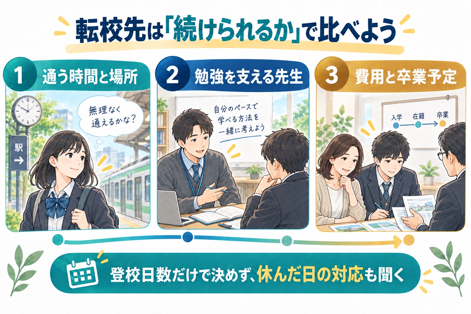 転校先は登校日数だけでなく、時間と場所、勉強の支援、費用と卒業予定で比べる図解