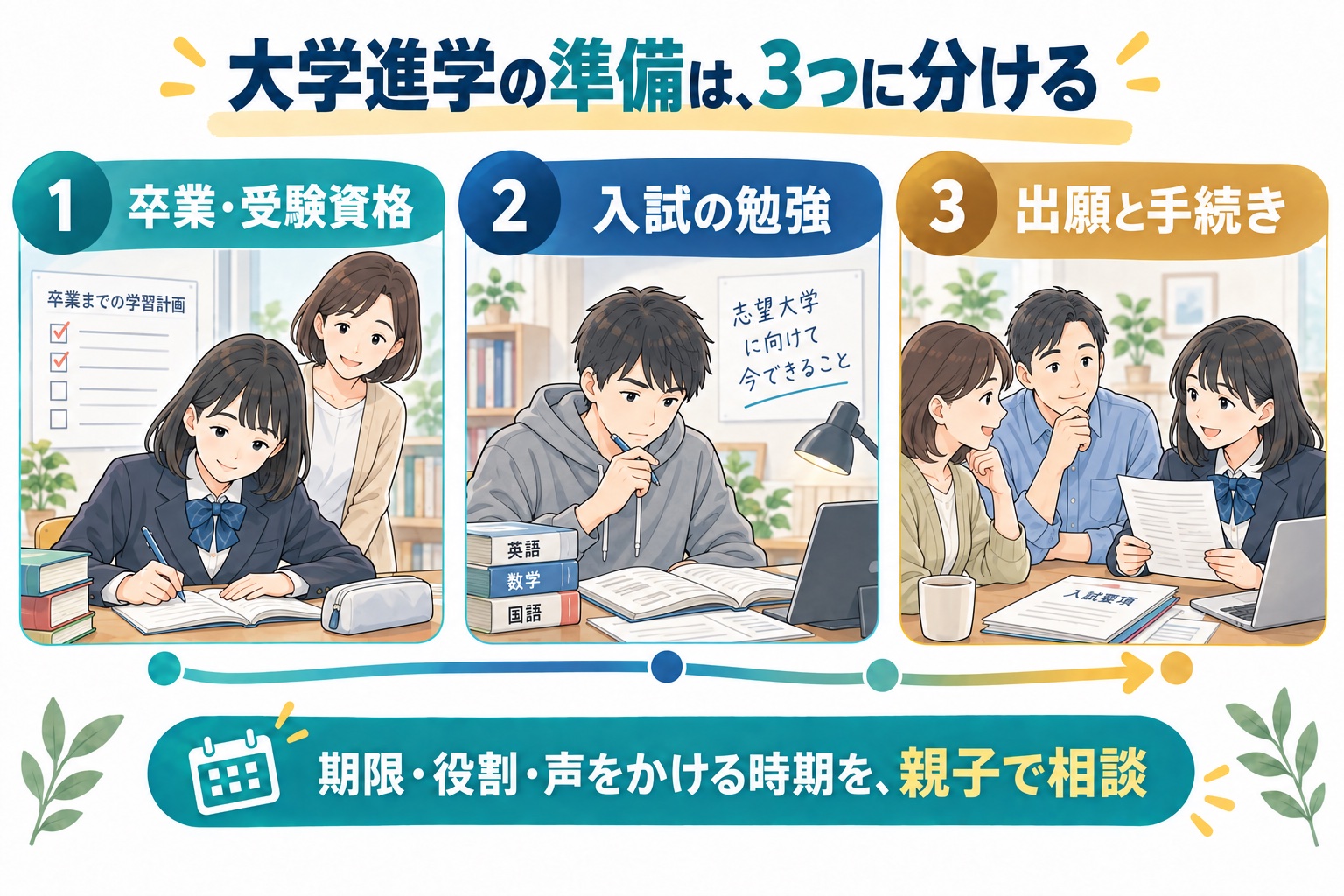 大学進学では高校卒業などの受験資格、受験勉強、出願期限を分けて準備する図解