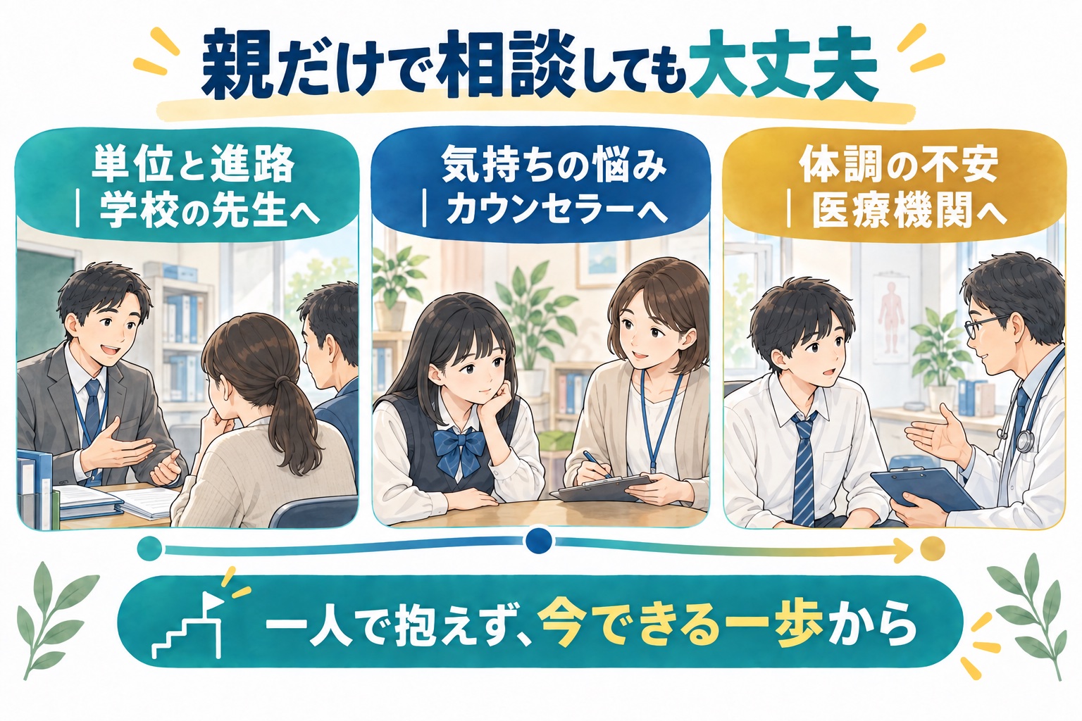親の相談先を、単位と進路は学校、気持ちはカウンセラー、体調は医療機関に分ける図解